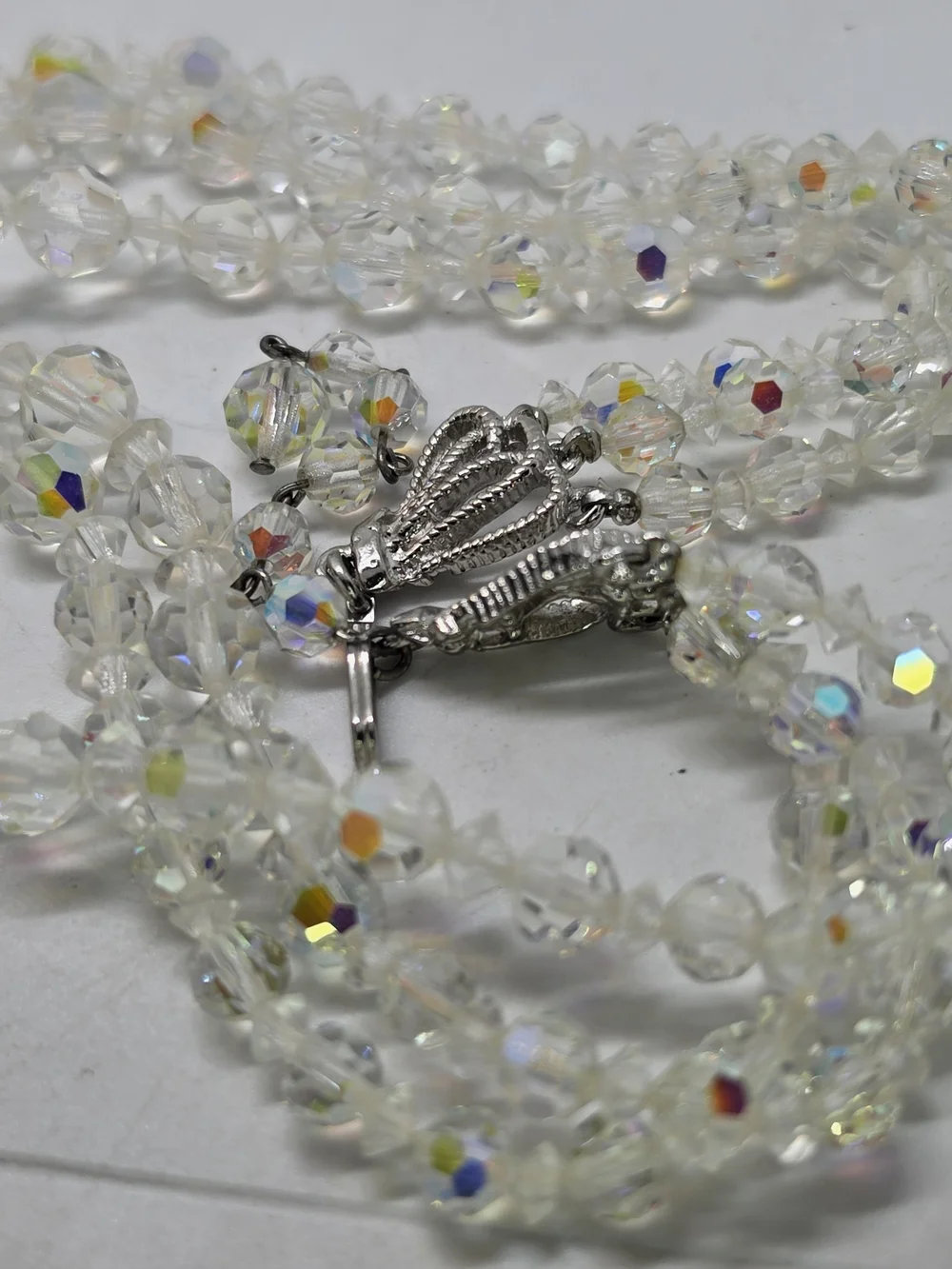 Vintage 3 Strand AB Aurora Borealis Crystal Glass Faceted Bead Necklace Choker